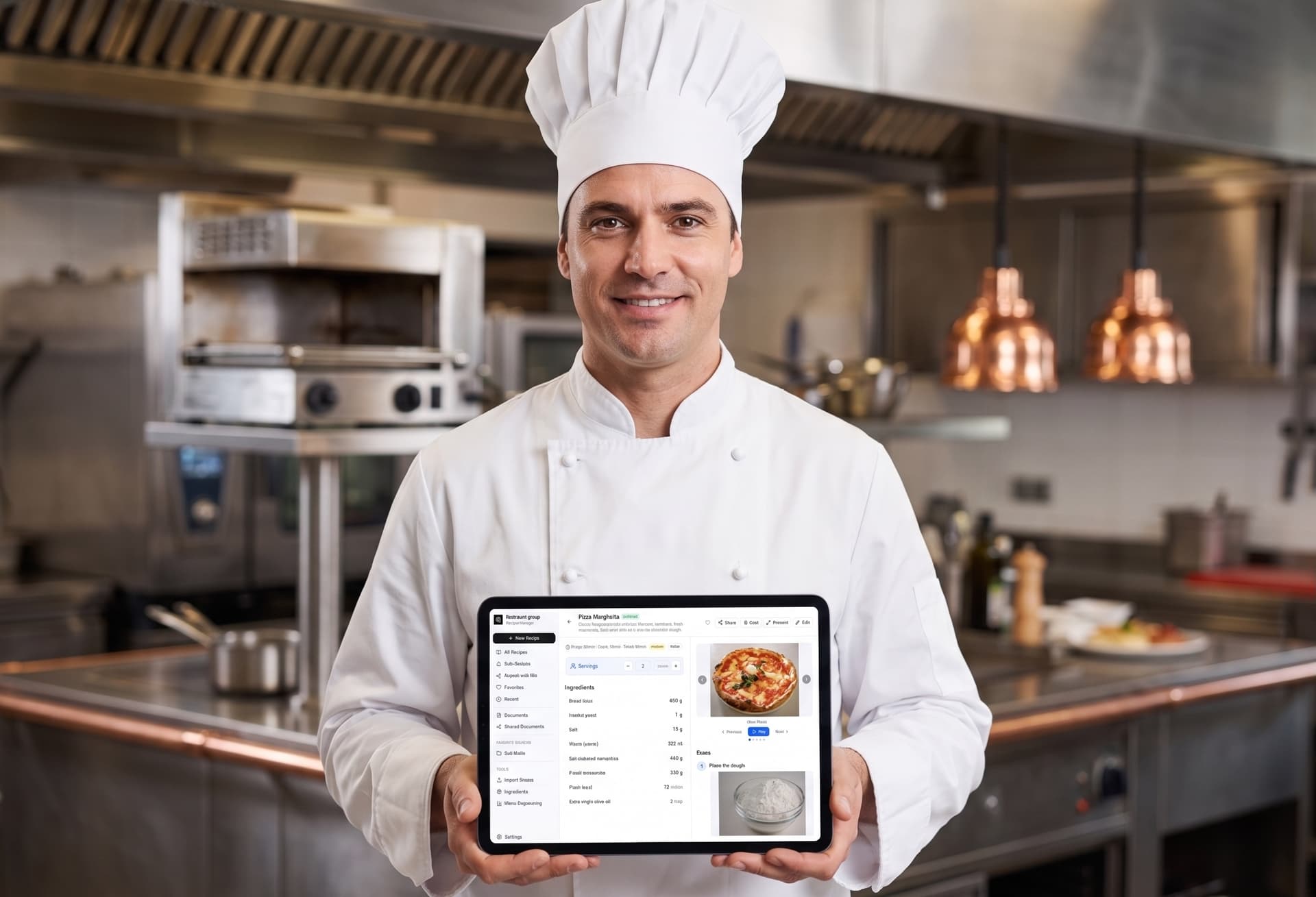 Chef holding tablet showing Recipe Manager app