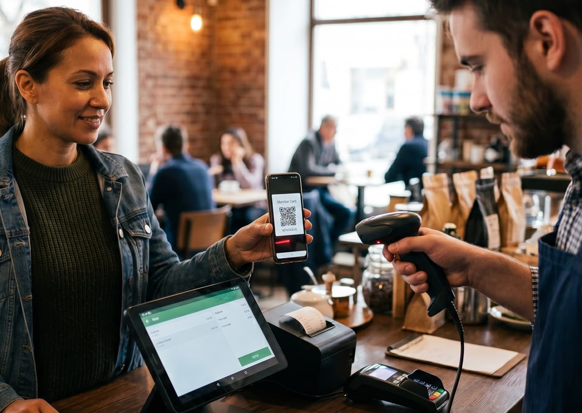 Kassör skannar kundens lojalitetskort QR-kod