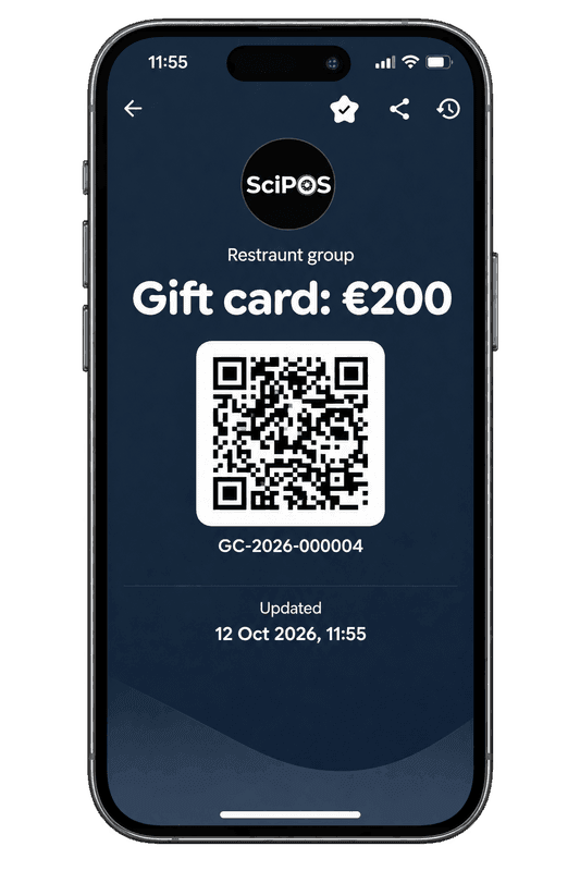 A gift card balance shown in a phone wallet at the counter
