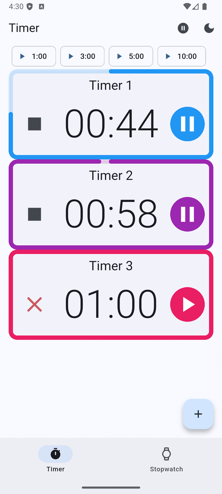 Multi Timer — 3 colorful timers running